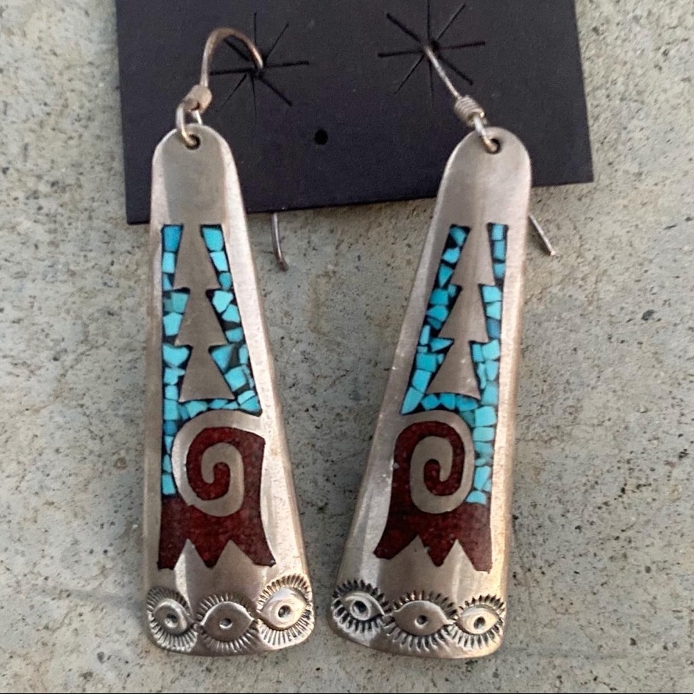 Native American Turquoise &Coral Sterling Earrings